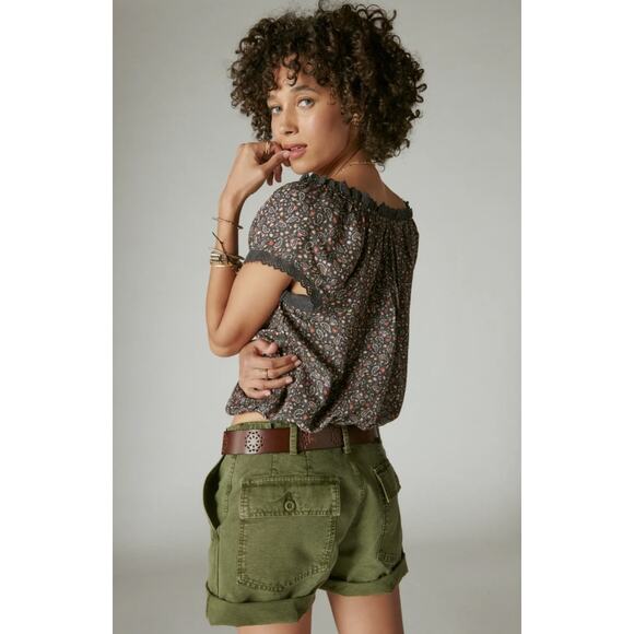 Lucky Brand Printed Button Front Peasant Top in Raven Multi - Picture 2 of 8